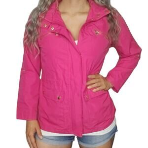 Hot Pink Rain Jacket Womens PM Medium Petite Gold Full Zip Hooded Spring Fall